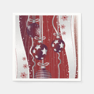 Serviettes Jetables Boules de Noël rouges, gris argenté et flocons de 