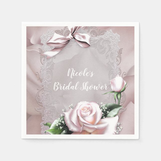 Serviettes Jetables Bow rose pâle et Rose romantique floral (Devant)