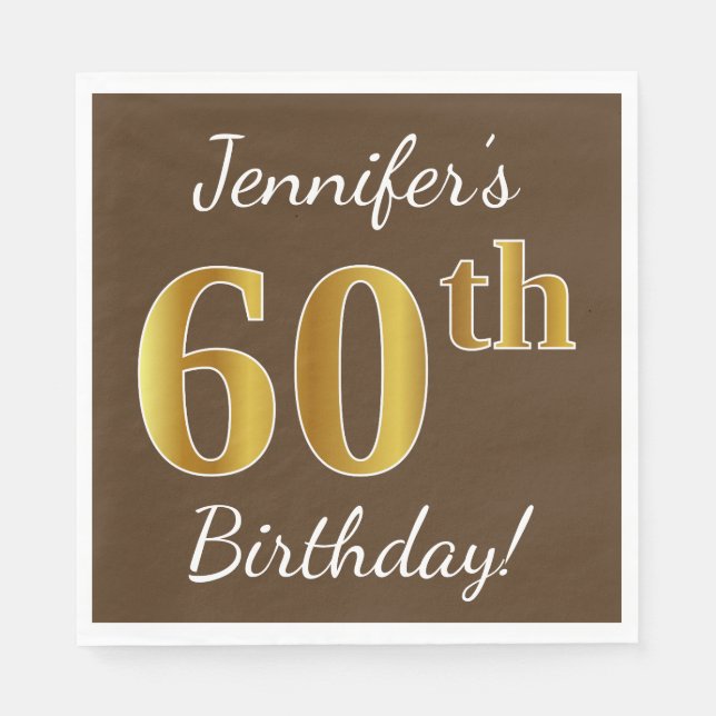 Serviettes Jetables Brown, Faux Gold 60e anniversaire + Nom personnali (Devant)