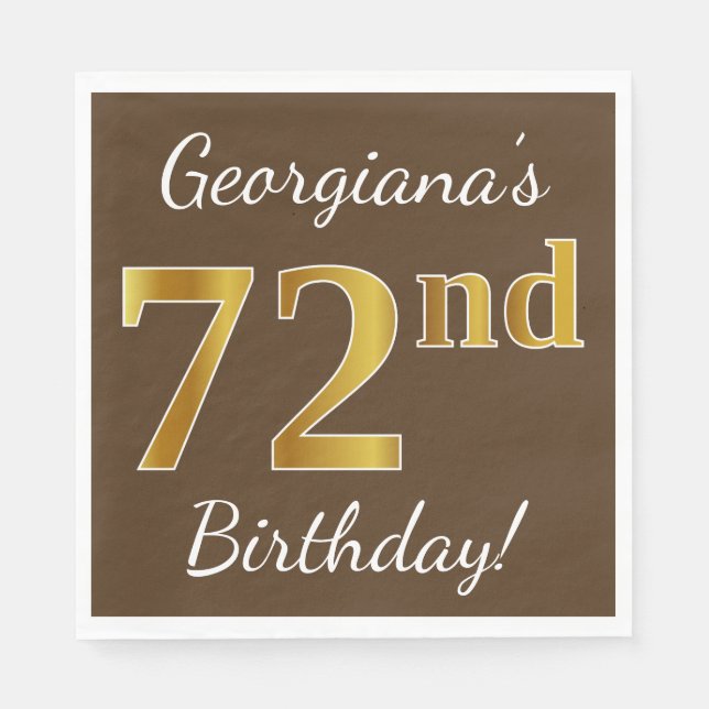 Serviettes Jetables Brown, Faux Gold 72e anniversaire + Nom personnali (Devant)