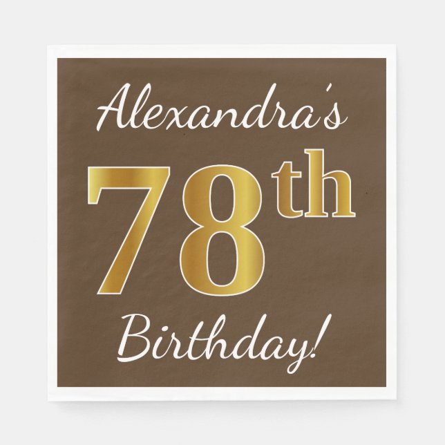Serviettes Jetables Brown, Faux Gold 78e anniversaire + Nom personnali (Devant)