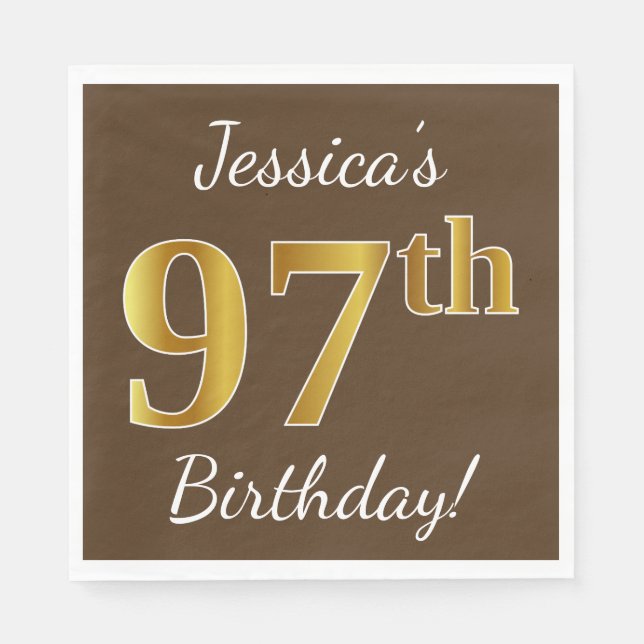 Serviettes Jetables Brown, Faux Gold 97e anniversaire + Nom personnali (Devant)