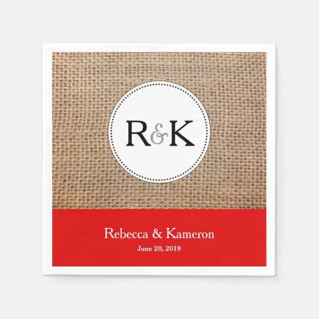 Serviettes Jetables Burlap et Mariage monogramme rouge (Devant)