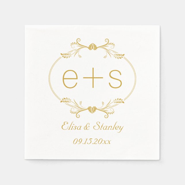 Serviettes Jetables Cadre or et initiales élégant mariage monogramme (Devant)