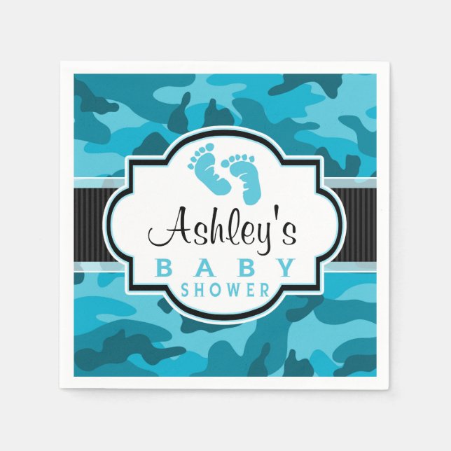 Serviettes Jetables Camo Bleu, Baby shower Camouflage (Devant)