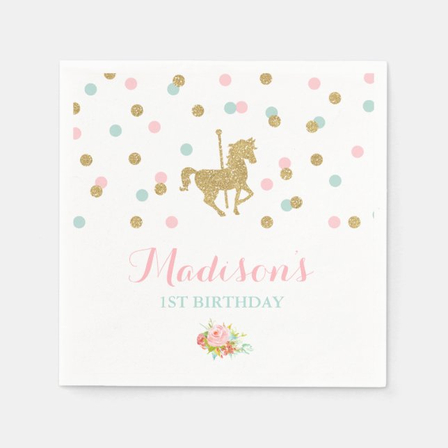 Serviettes Jetables Carrousel Anniversaire Napkin Pink Gold Carousel (Devant)