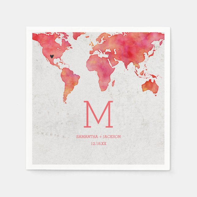Serviettes Jetables Carte du monde aquarelle Destination Mariage Monog (Devant)