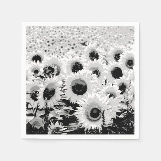 Serviettes Jetables Champ de tournesol - noir, blanc et gris (Devant)