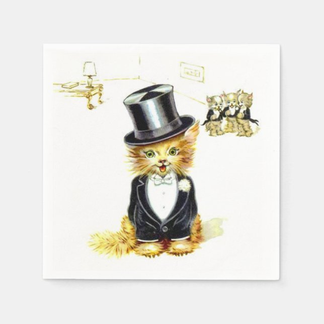 Serviettes Jetables Chat Kitty vintage dans un chapeau supérieur (Devant)