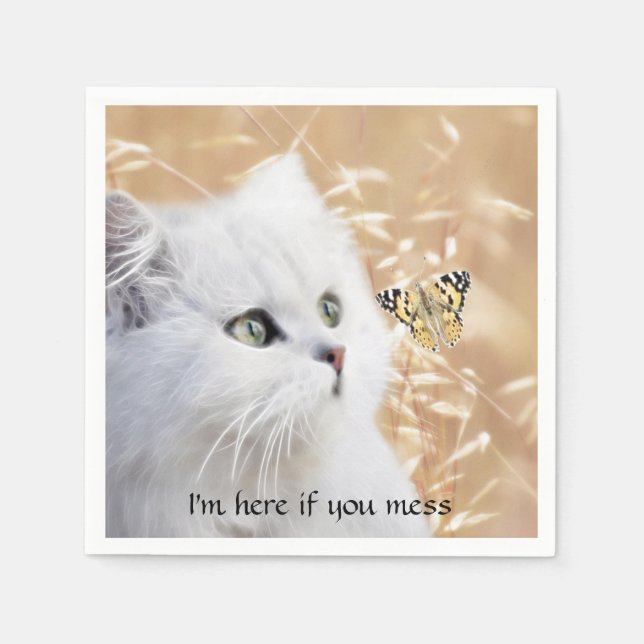 Serviettes Jetables Chaton blanc et papillon (Devant)