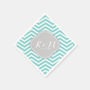 Serviettes Jetables Chevron bleu turquoise et blanc avec Monogramme