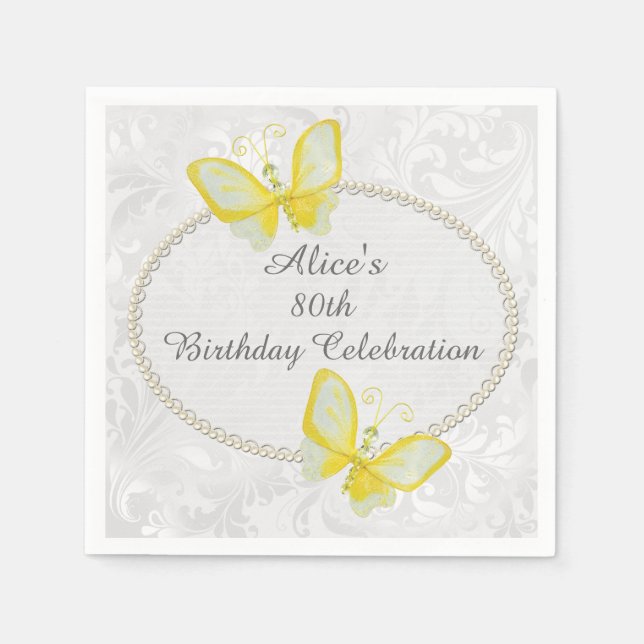 Serviettes Jetables Chic Butterflies Damask 80e anniversaire Personnal (Devant)