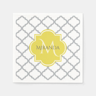 Serviettes Jetables Chic White Grey Quatrefoil Yellow Monogramme Nom