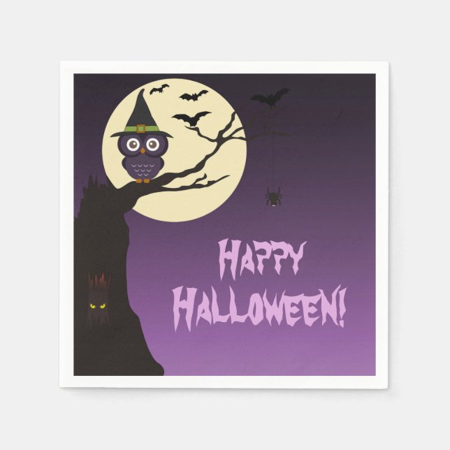 Serviettes Jetables Chouette sur branche d'arbre Halloween Papier serv (Devant)