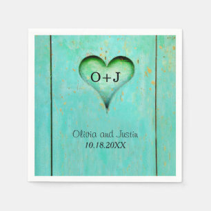 Serviettes Jetables Cœur Monogrammé en Bois Rustique Turquoise
