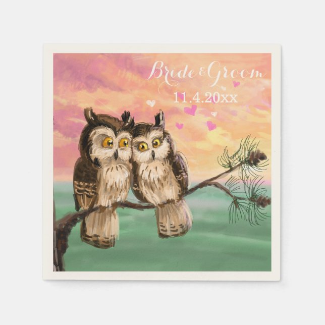 Serviettes Jetables Coeurs de hibou d'amour rose (Devant)