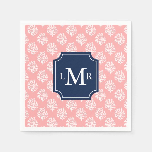 Serviettes Jetables Corail mignon Motif et Monogramme bleu (Devant)