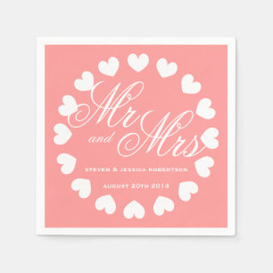 Serviettes Jetables Corail rose et blanc M. Mme mariage serviettes