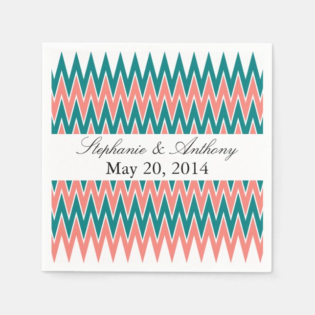 Serviettes Jetables Coral rose et Turquoise Mariage Zigzag (Devant)