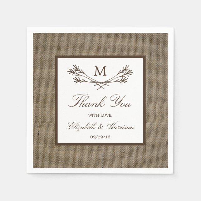 Serviettes Jetables Country Rustic Monogramme Branche & Mariage Burlap (Devant)