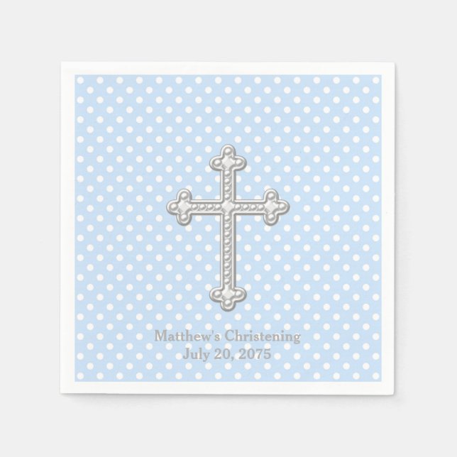 Serviettes Jetables Croix Blanche Baptême Bleu (Devant)