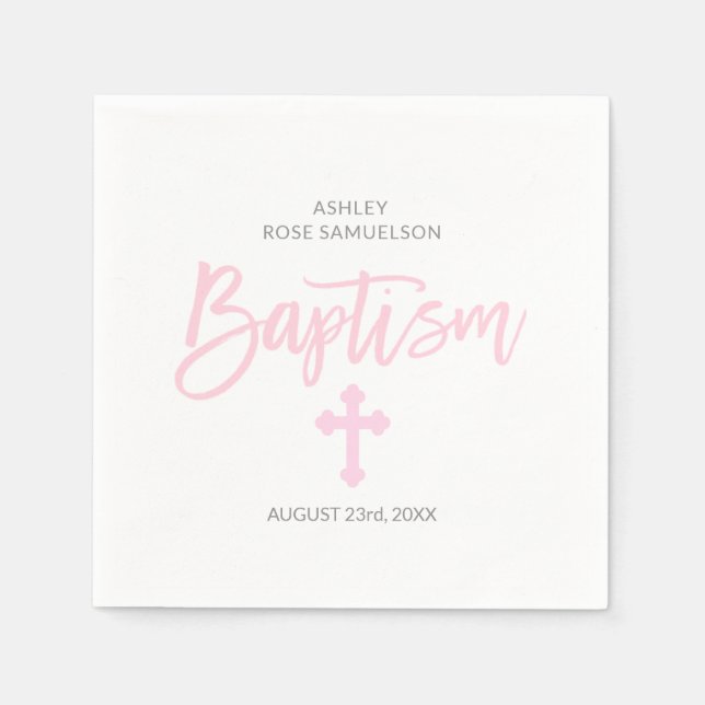 Serviettes Jetables Croix blanche rose personnalisée FILLE BAPTISME (Devant)