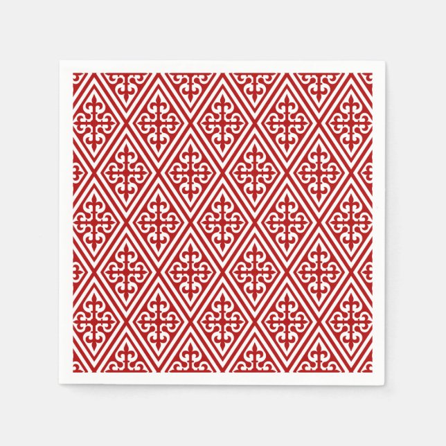 Serviettes Jetables Croix médiévale Damask - Rouge profond et blanc (Devant)
