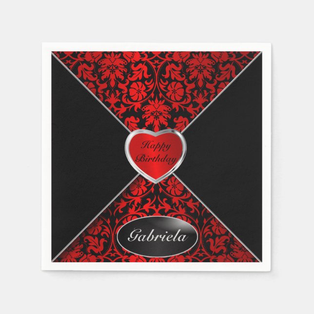 Serviettes Jetables Damas rouge et noir | Personnaliser (Devant)