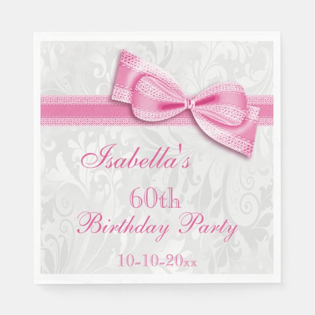 Serviettes Jetables Damask & Faux Bow Girls 60e anniversaire (Devant)