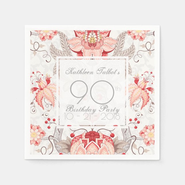 Serviettes Jetables Damask Floral 90th Birthday Party Papier Napkin (Devant)