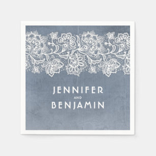Serviettes Jetables Dentelle bleu et blanc poussiéreux Élégant