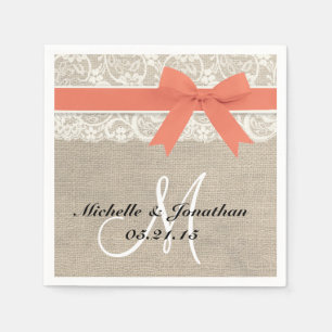 Serviettes Jetables Dentelle et Burlap Mariage rustique Napkin Coral