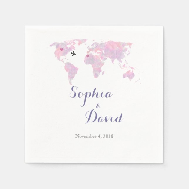 Serviettes Jetables Destination Mariage Voyage Aquarelle Carte du mond (Devant)
