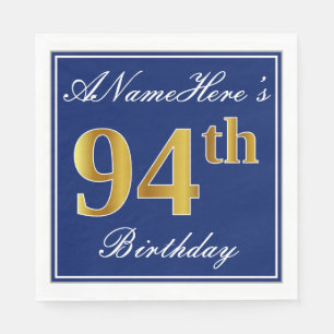 Serviettes Jetables Elégant bleu, Faux Gold 94e anniversaire; Nom pers