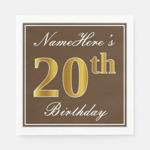 Serviettes Jetables Elégant Brown, Faux Gold 20e anniversaire + Nom