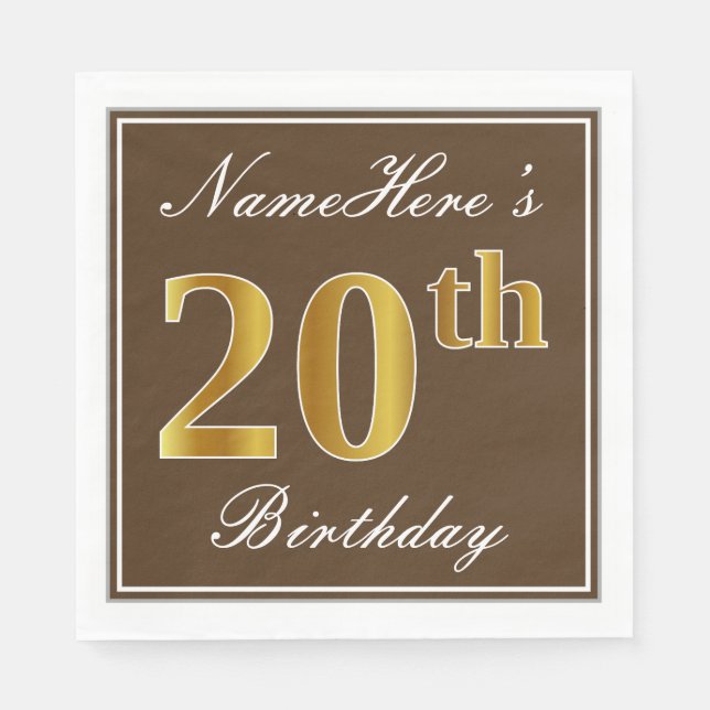Serviettes Jetables Elégant Brown, Faux Gold 20e anniversaire + Nom (Devant)