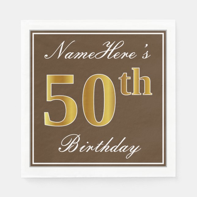 Serviettes Jetables Elégant Brown, Faux Gold 50e Anniversaire + Nom (Devant)