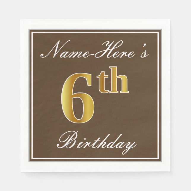 Serviettes Jetables Elégant Brown, Faux Gold 6e anniversaire; Nom pers (Devant)