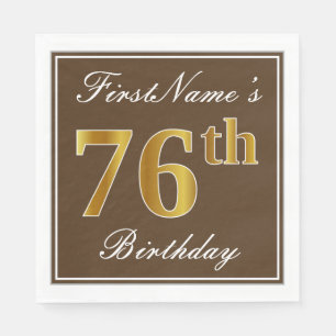 Serviettes Jetables Elégant Brown, Faux Gold 76ème anniversaire + Nom