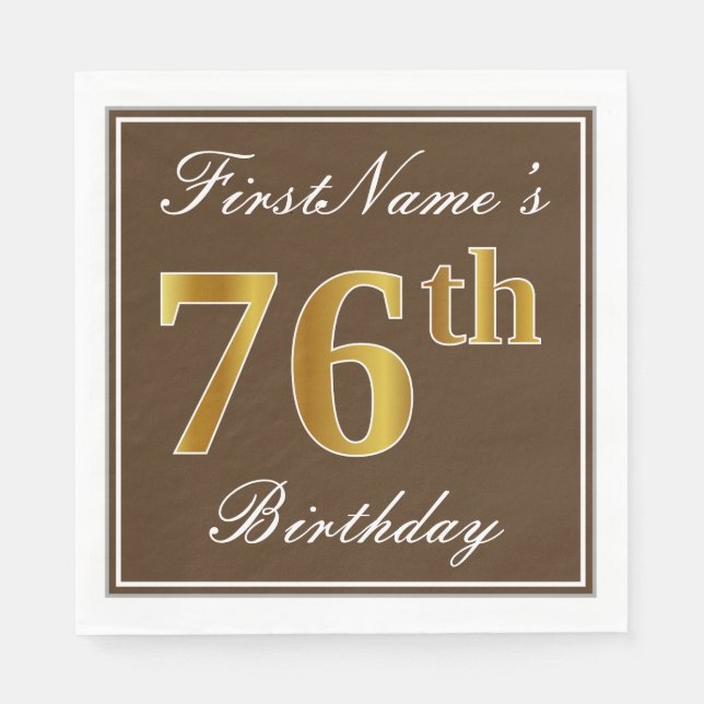 Serviettes Jetables Elégant Brown, Faux Gold 76ème anniversaire + Nom (Devant)