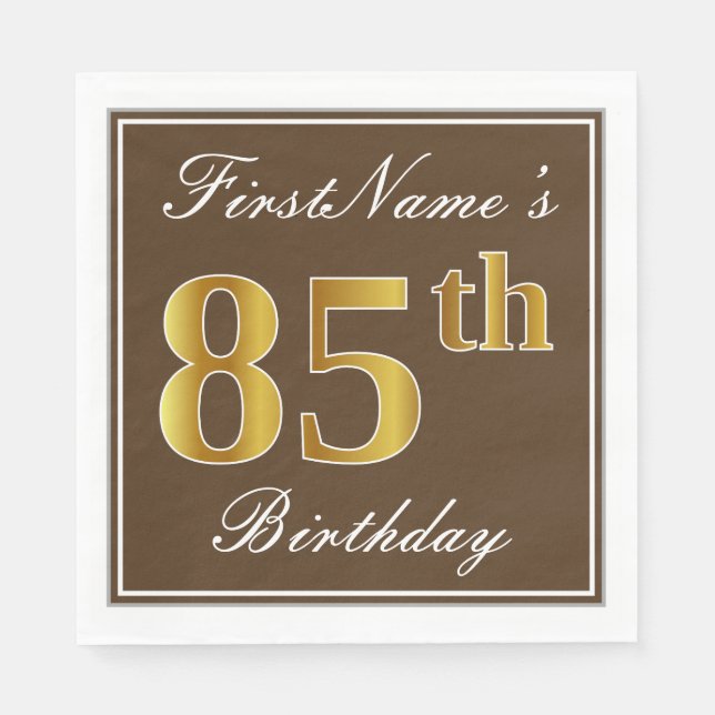 Serviettes Jetables Elégant Brown, Faux Gold 85ème anniversaire + Nom (Devant)