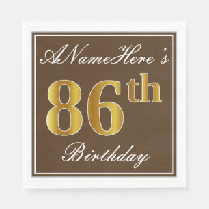 Serviettes Jetables Elégant Brown, Faux Gold 86ème anniversaire + Nom