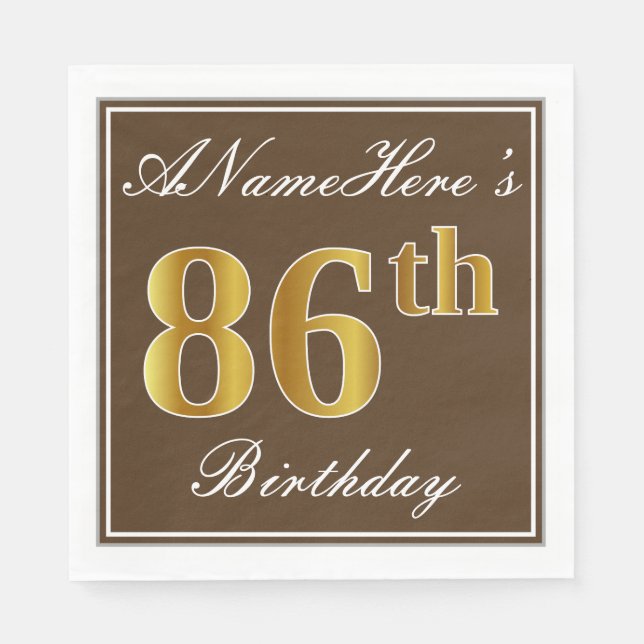 Serviettes Jetables Elégant Brown, Faux Gold 86ème anniversaire + Nom (Devant)