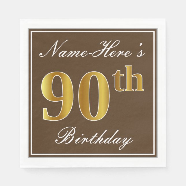Serviettes Jetables Elégant Brown, Faux Gold 90e anniversaire + Nom (Devant)