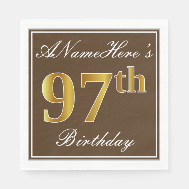 Serviettes Jetables Elégant Brown, Faux Gold 97ème anniversaire + Nom (Devant)