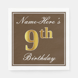 Serviettes Jetables Elégant Brown, Faux Gold 9e anniversaire; Nom pers