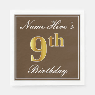 Serviettes Jetables Elégant Brown, Faux Gold 9e anniversaire; Nom pers