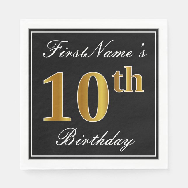 Serviettes Jetables Elégant, Faux Gold 10e anniversaire + Nom personna (Devant)