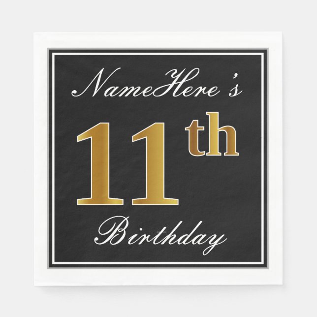 Serviettes Jetables Elégant, Faux Gold 11e anniversaire + Nom personna (Devant)