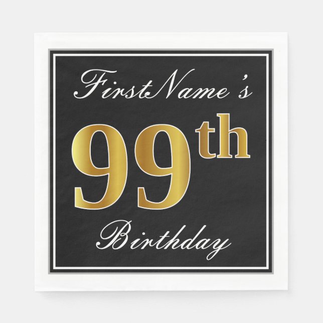 Serviettes Jetables Elégant, Faux Gold 99e anniversaire + Nom personna (Devant)